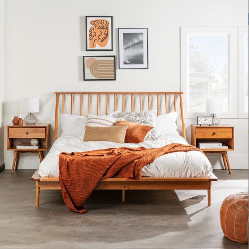 Mid-Century Modern Solid Wood Queen Platform Bed Frame with Spindle Headboard – Caramel Finish