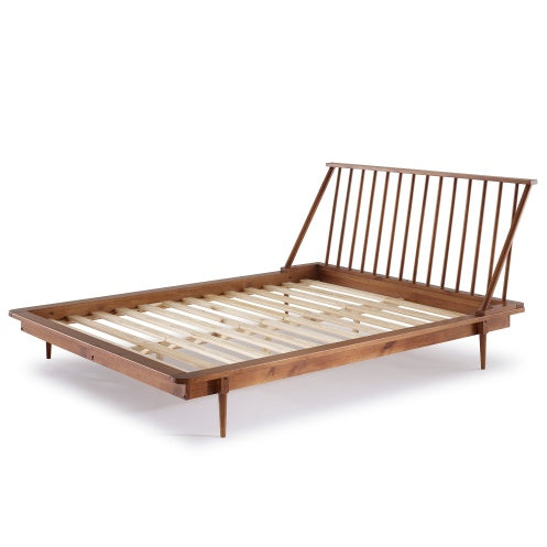 Mid-Century Modern Solid Wood Queen Platform Bed Frame with Spindle Headboard – Caramel Finish