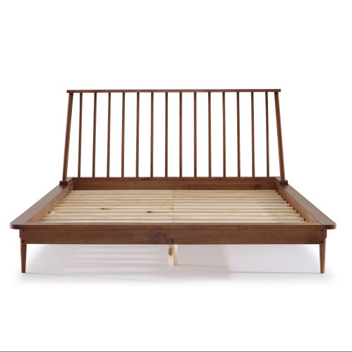 Mid-Century Modern Solid Wood Queen Platform Bed Frame with Spindle Headboard – Caramel Finish