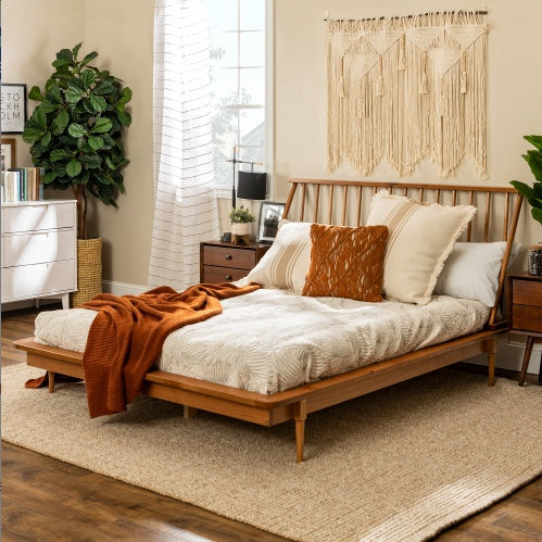 Mid-Century Modern Solid Wood Queen Platform Bed Frame with Spindle Headboard – Caramel Finish